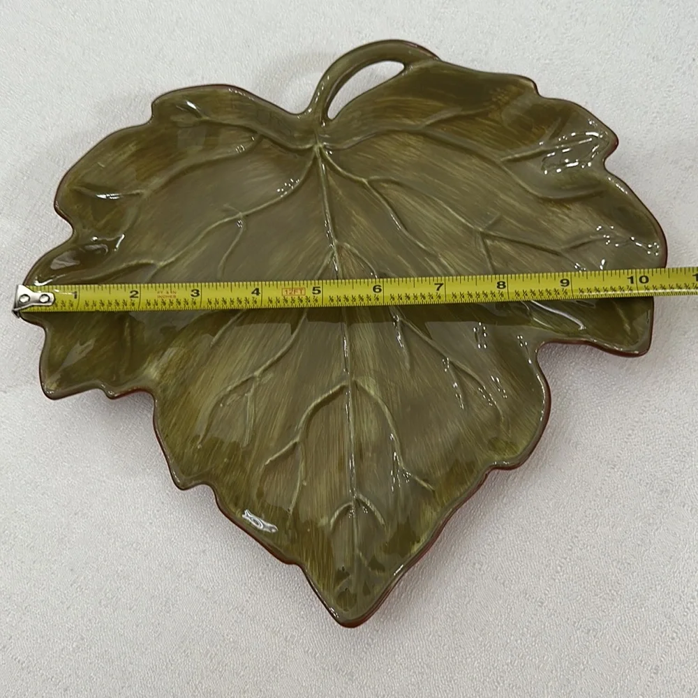 Autumn Harvest Hand Painted Green Leaf Plate & Bowl Dish Set